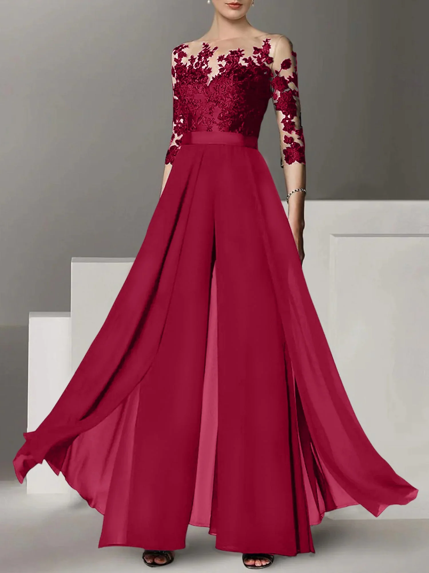 A-Line/Princess Jewel Neck 3/4 Length Sleeves Floor-Length Mother of the Bride Pantsuits with Applique - Image 38