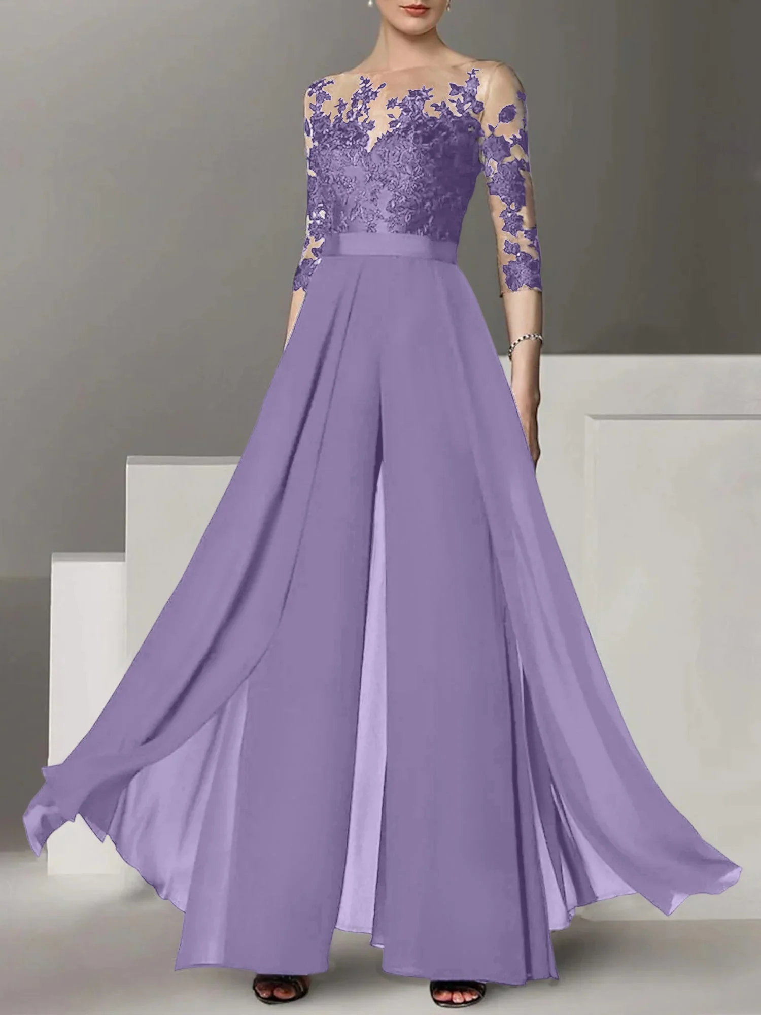 A-Line/Princess Jewel Neck 3/4 Length Sleeves Floor-Length Mother of the Bride Pantsuits with Applique - Image 39
