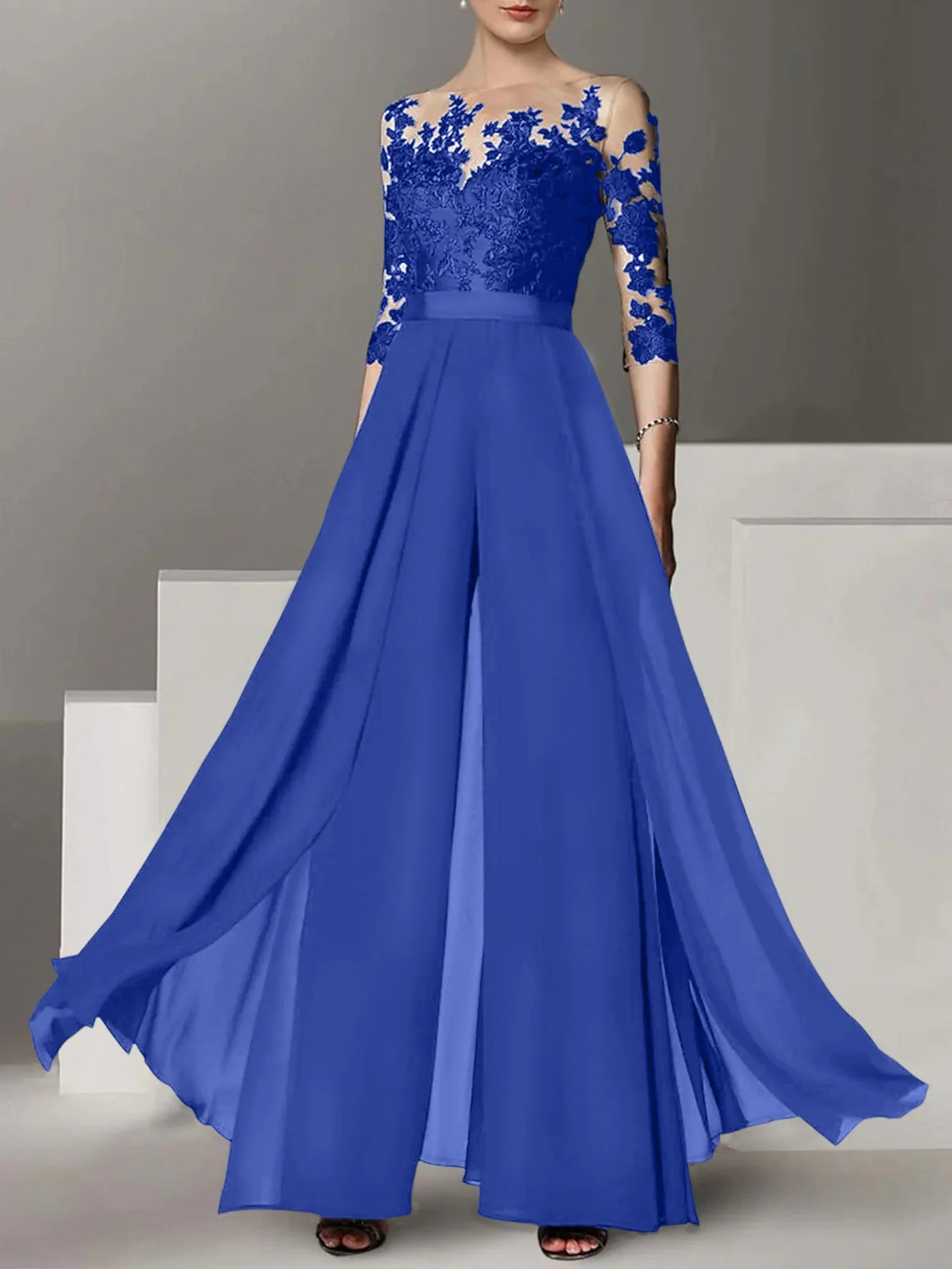 A-Line/Princess Jewel Neck 3/4 Length Sleeves Floor-Length Mother of the Bride Pantsuits with Applique - Image 40