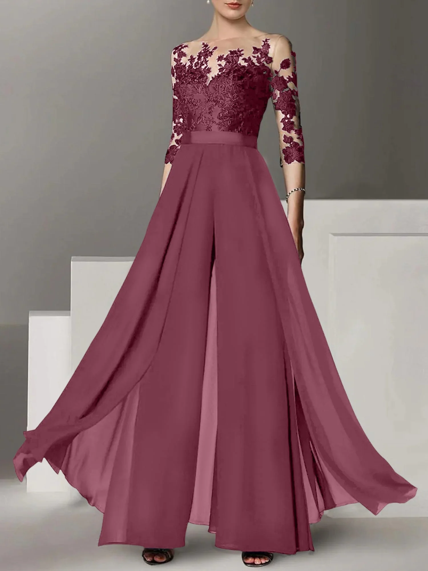 A-Line/Princess Jewel Neck 3/4 Length Sleeves Floor-Length Mother of the Bride Pantsuits with Applique - Image 41
