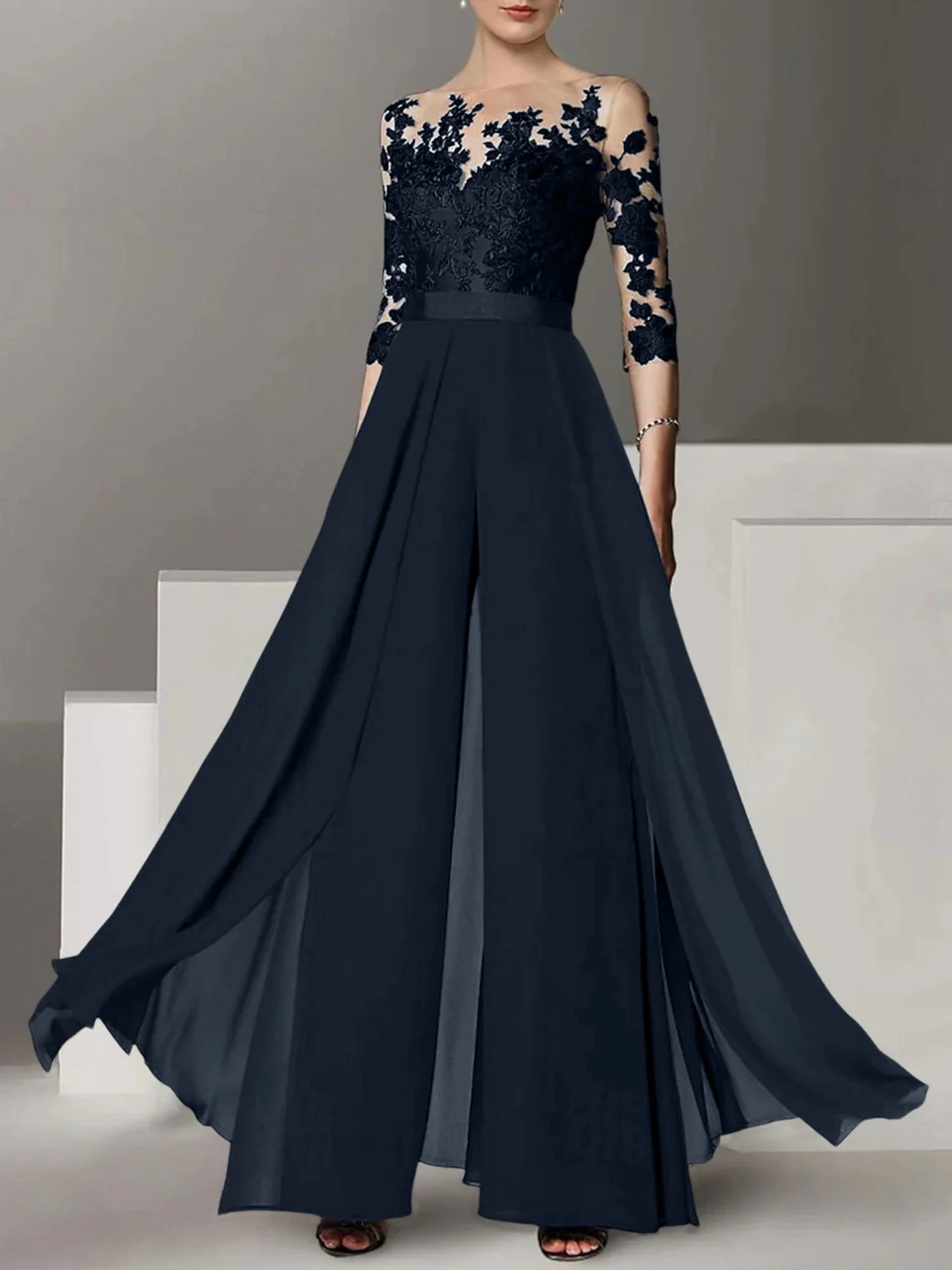 A-Line/Princess Jewel Neck 3/4 Length Sleeves Floor-Length Mother of the Bride Pantsuits with Applique - Image 42
