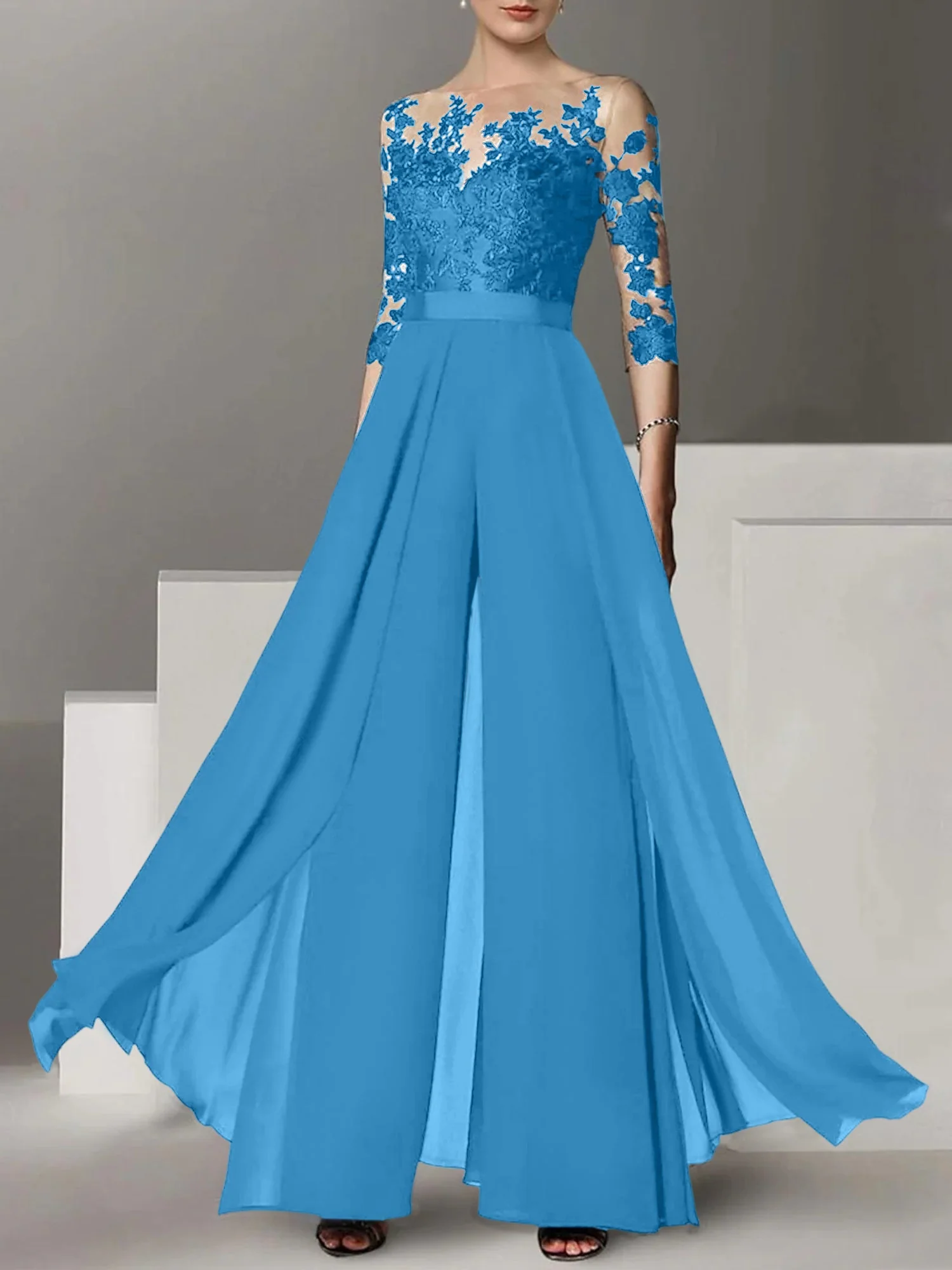 A-Line/Princess Jewel Neck 3/4 Length Sleeves Floor-Length Mother of the Bride Pantsuits with Applique - Image 43