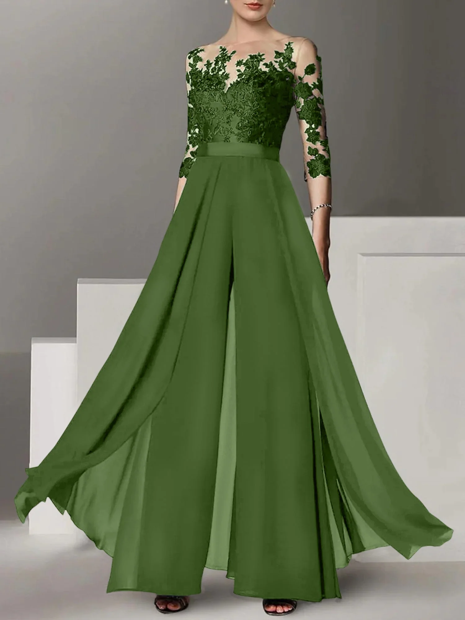 A-Line/Princess Jewel Neck 3/4 Length Sleeves Floor-Length Mother of the Bride Pantsuits with Applique - Image 44