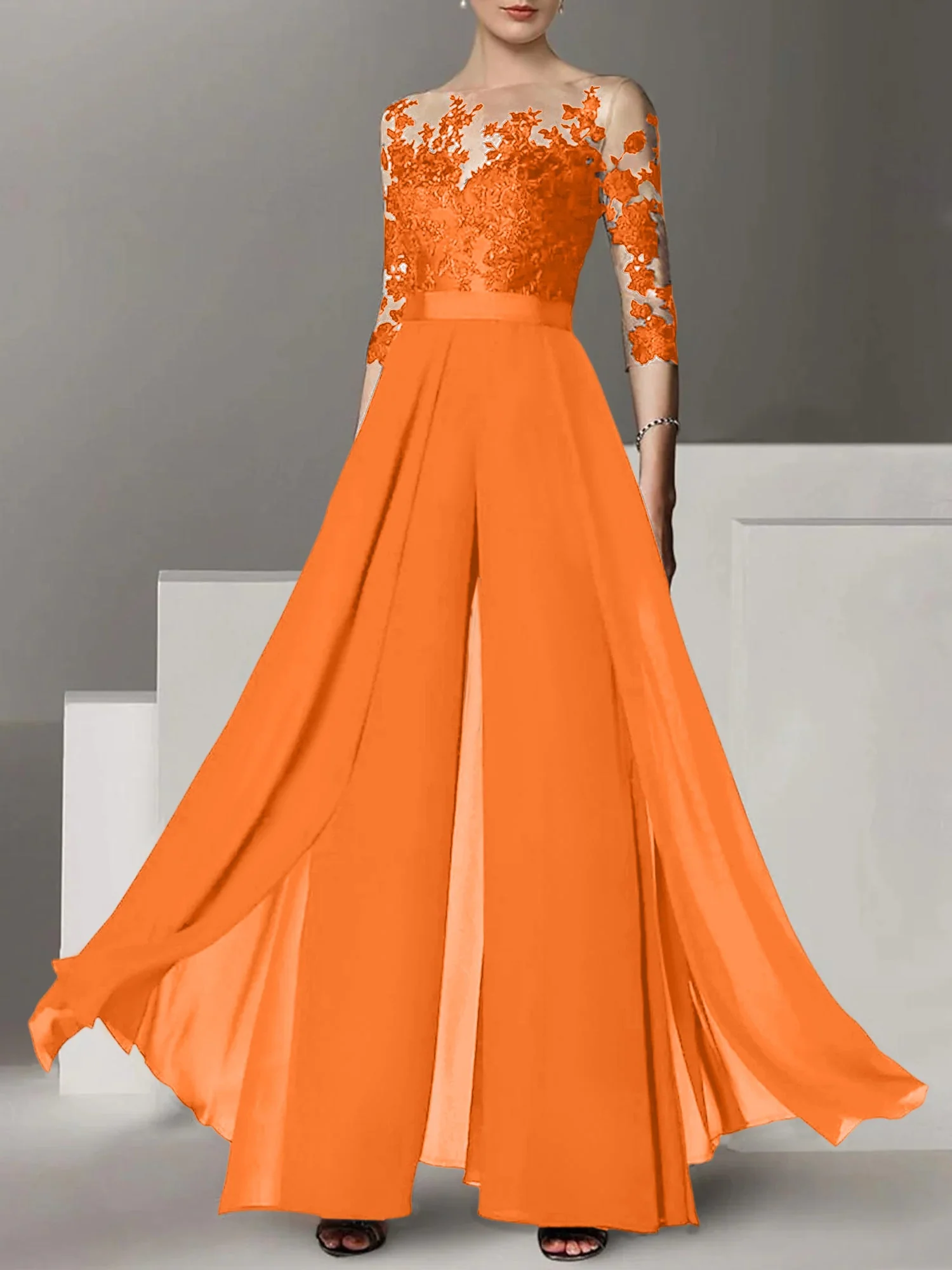 A-Line/Princess Jewel Neck 3/4 Length Sleeves Floor-Length Mother of the Bride Pantsuits with Applique - Image 45