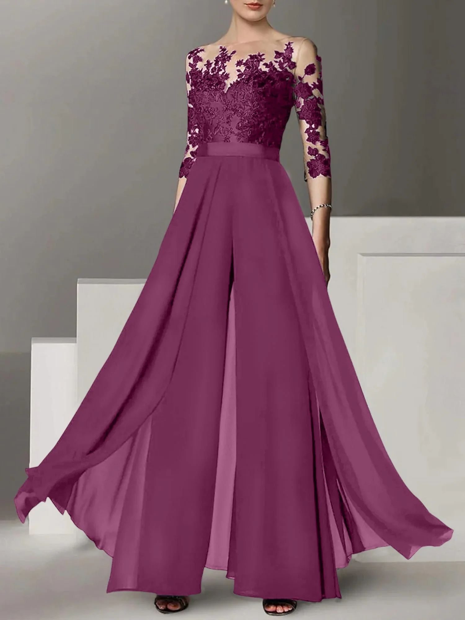 A-Line/Princess Jewel Neck 3/4 Length Sleeves Floor-Length Mother of the Bride Pantsuits with Applique - Image 46