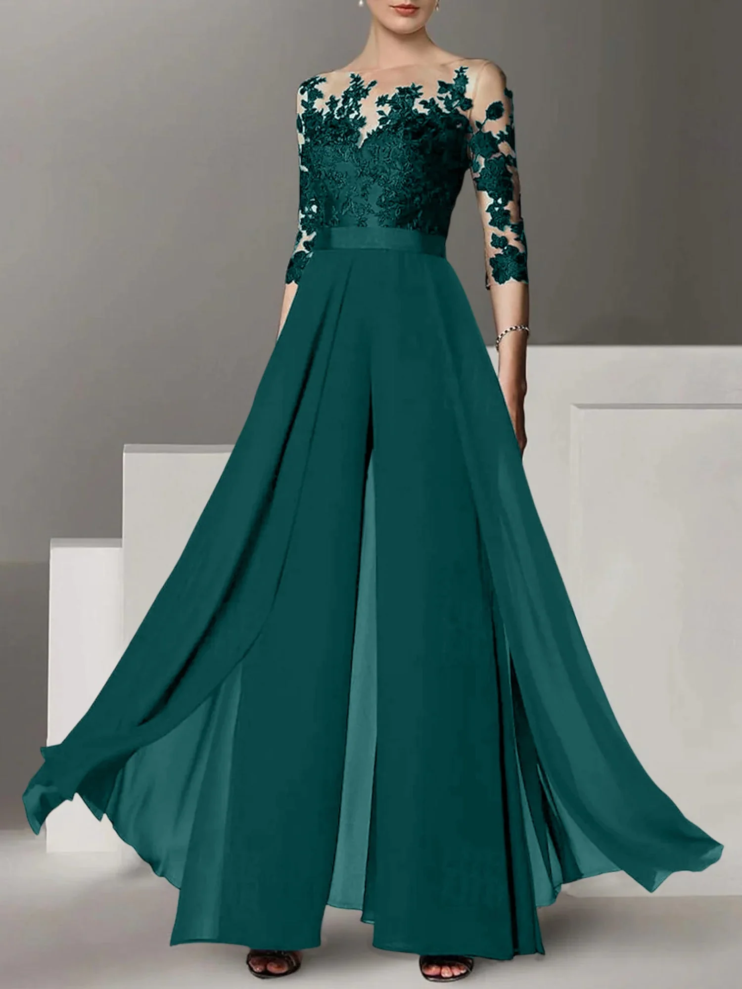 A-Line/Princess Jewel Neck 3/4 Length Sleeves Floor-Length Mother of the Bride Pantsuits with Applique - Image 47