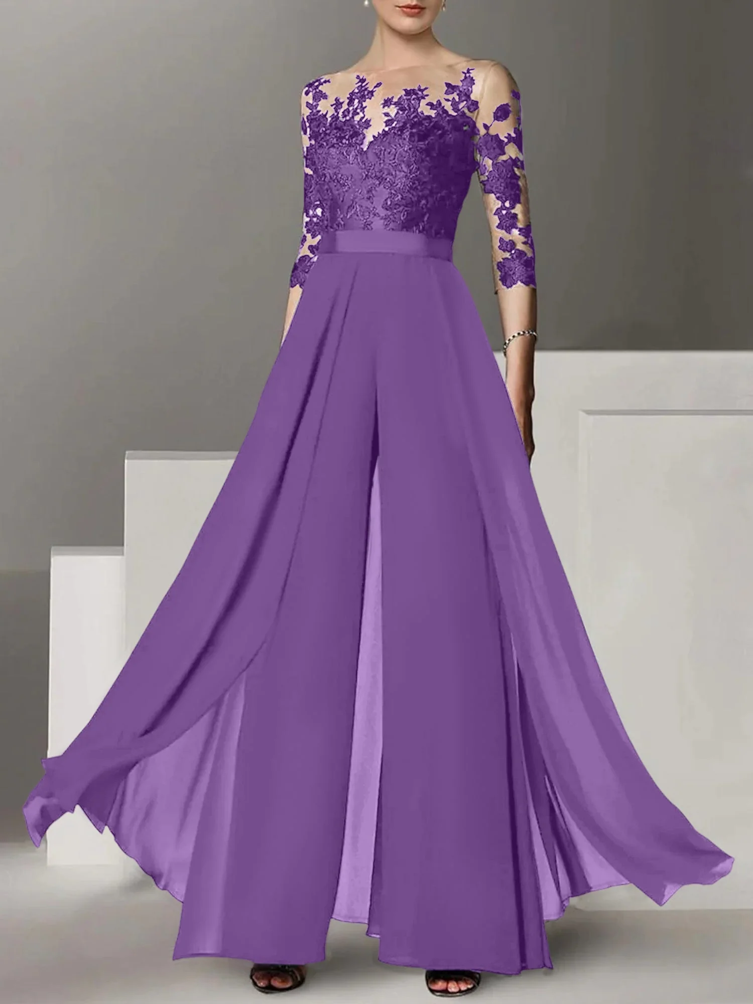 A-Line/Princess Jewel Neck 3/4 Length Sleeves Floor-Length Mother of the Bride Pantsuits with Applique - Image 48