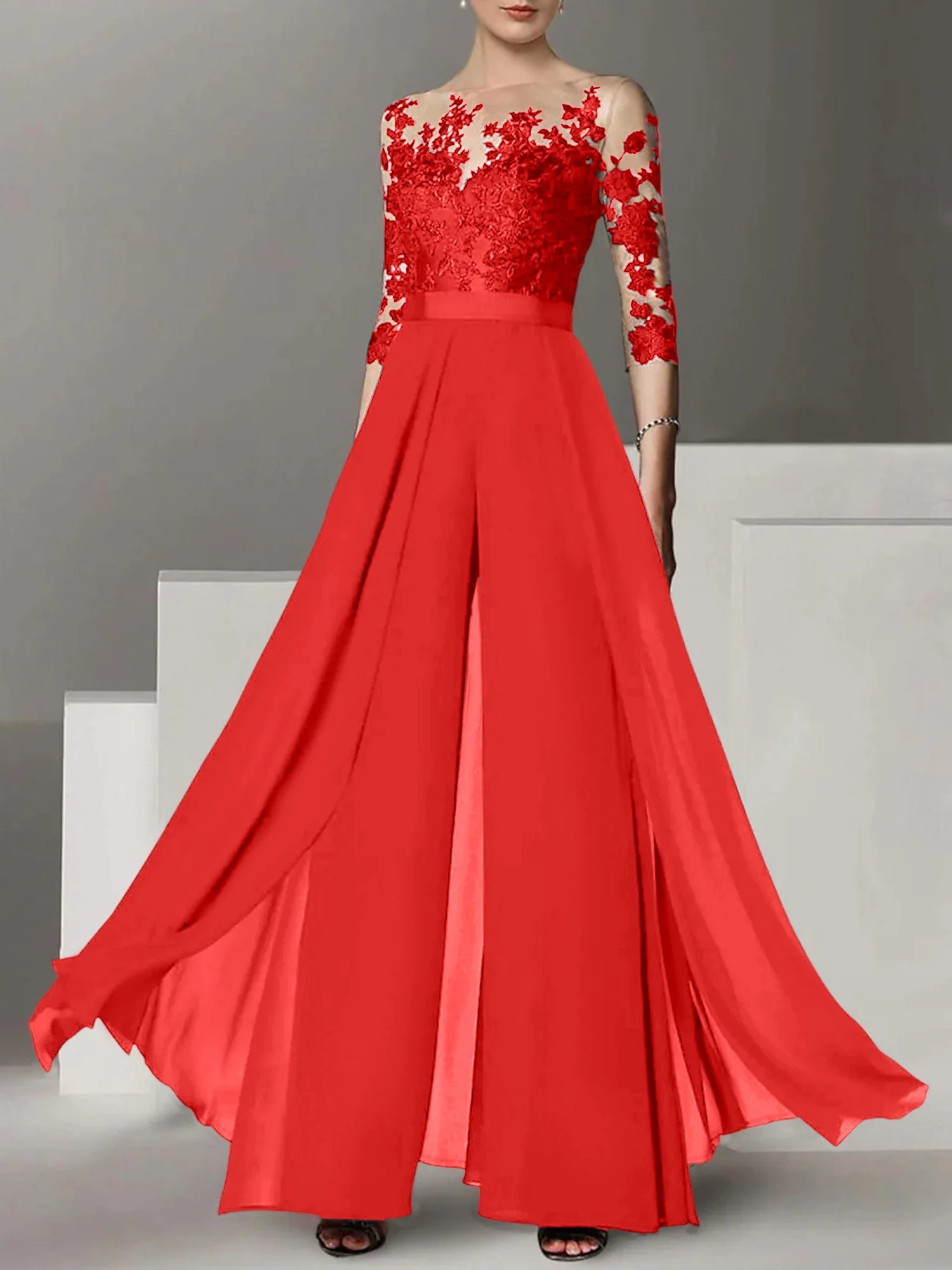 A-Line/Princess Jewel Neck 3/4 Length Sleeves Floor-Length Mother of the Bride Pantsuits with Applique - Image 49