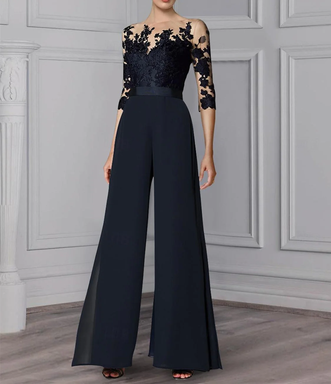 A-Line/Princess Jewel Neck 3/4 Length Sleeves Floor-Length Mother of the Bride Pantsuits with Applique - Image 5