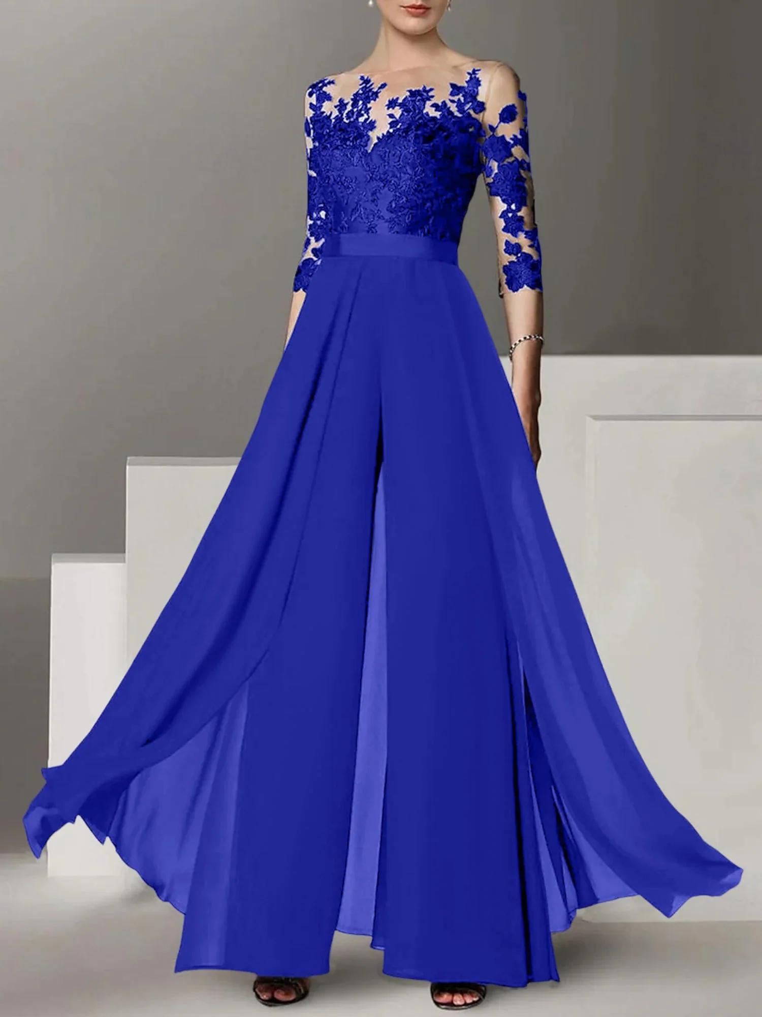 A-Line/Princess Jewel Neck 3/4 Length Sleeves Floor-Length Mother of the Bride Pantsuits with Applique - Image 50
