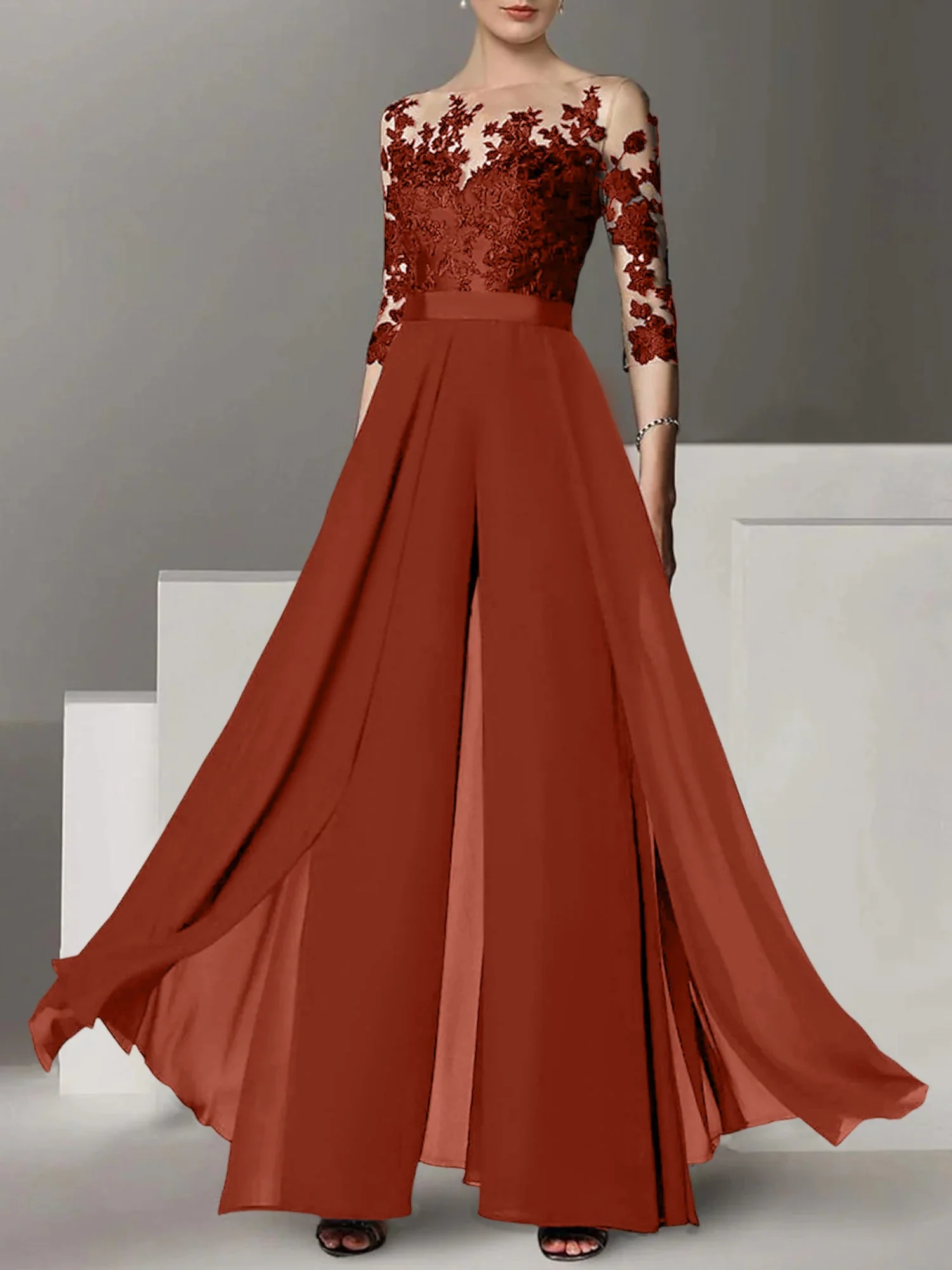 A-Line/Princess Jewel Neck 3/4 Length Sleeves Floor-Length Mother of the Bride Pantsuits with Applique - Image 51