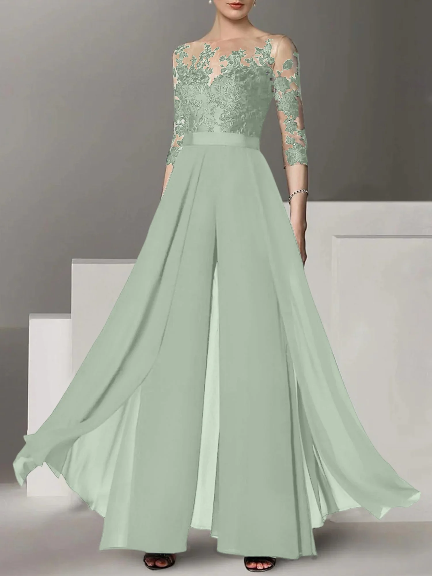 A-Line/Princess Jewel Neck 3/4 Length Sleeves Floor-Length Mother of the Bride Pantsuits with Applique - Image 52