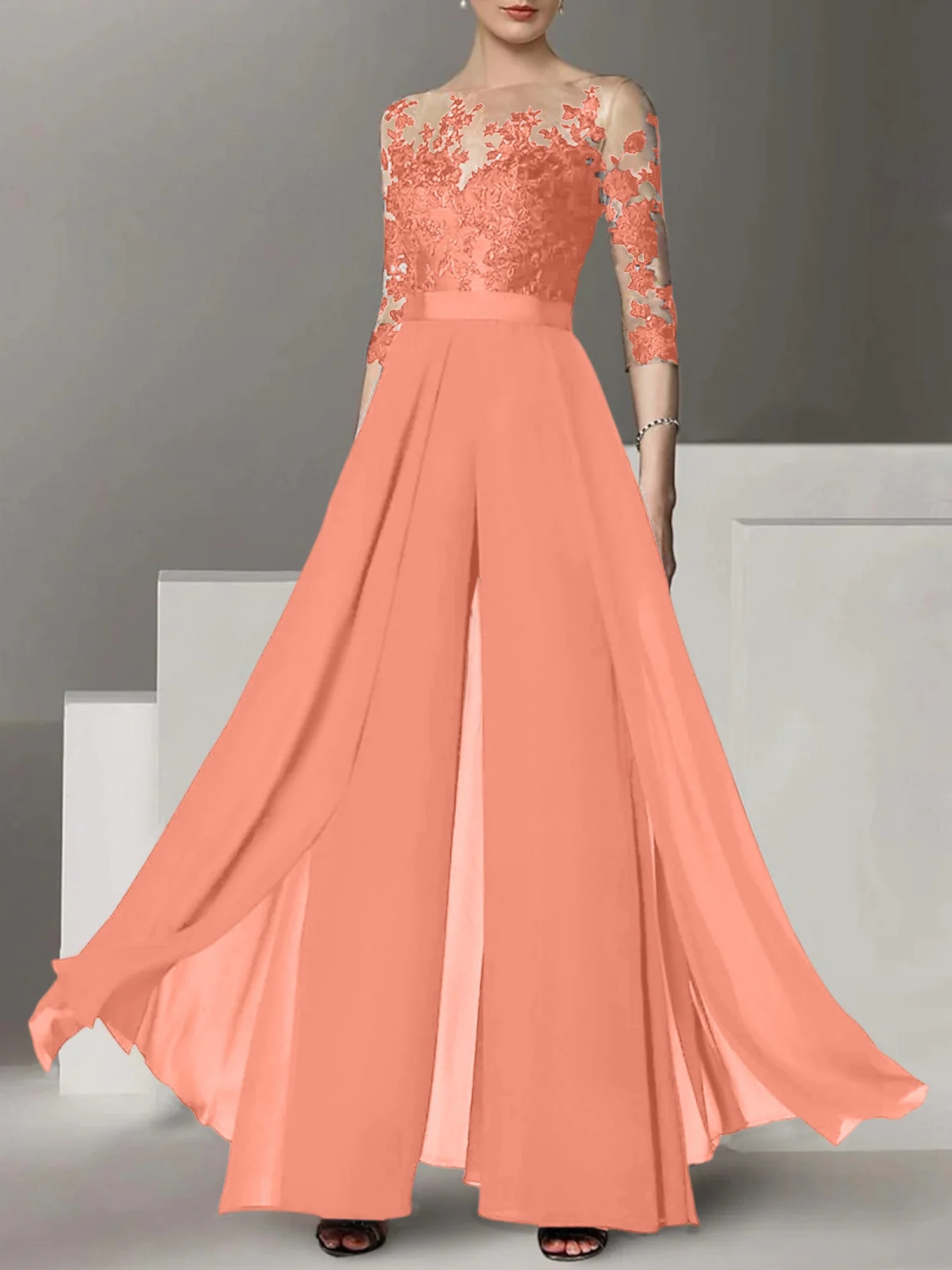 A-Line/Princess Jewel Neck 3/4 Length Sleeves Floor-Length Mother of the Bride Pantsuits with Applique - Image 53