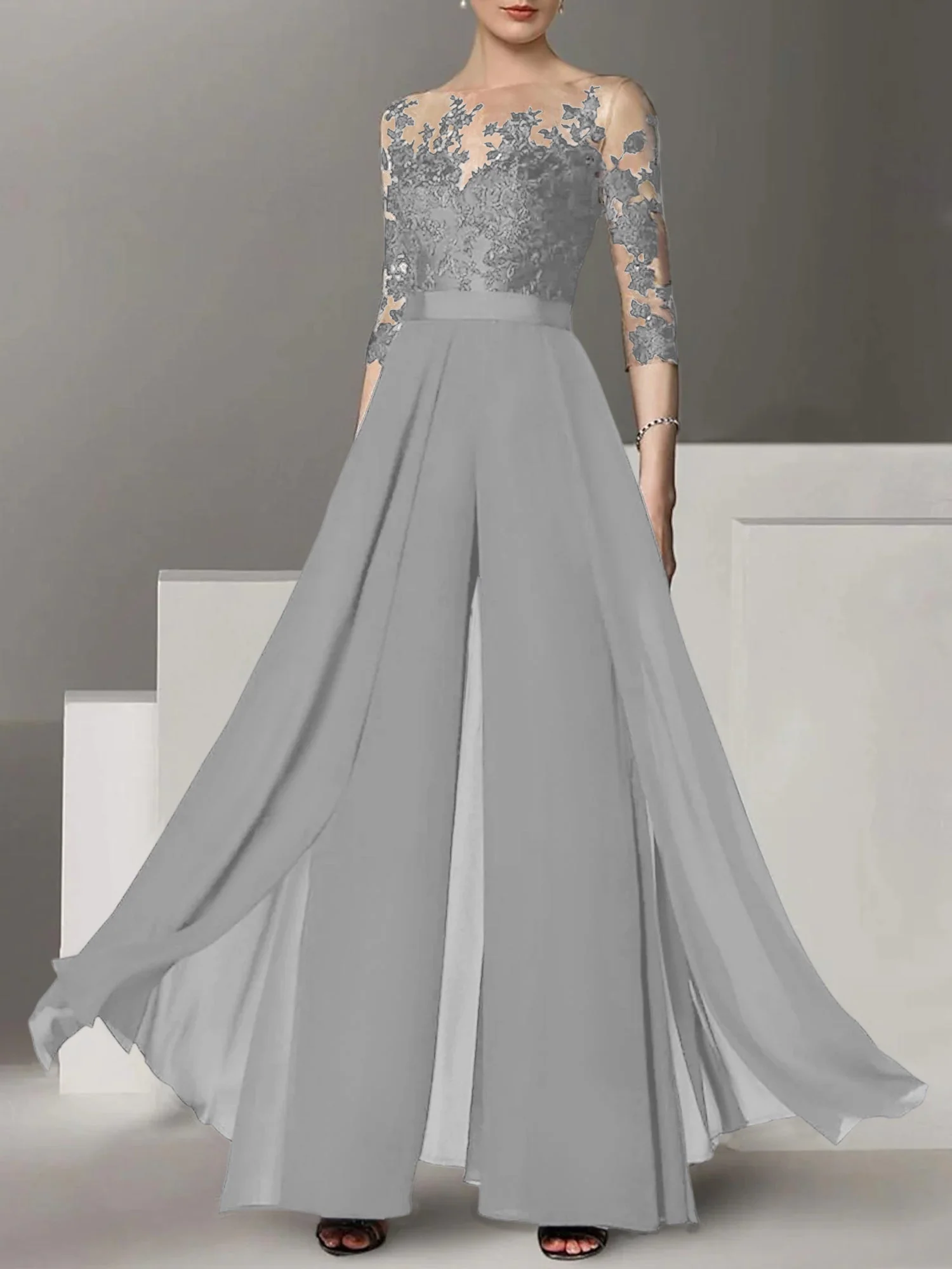 A-Line/Princess Jewel Neck 3/4 Length Sleeves Floor-Length Mother of the Bride Pantsuits with Applique - Image 54