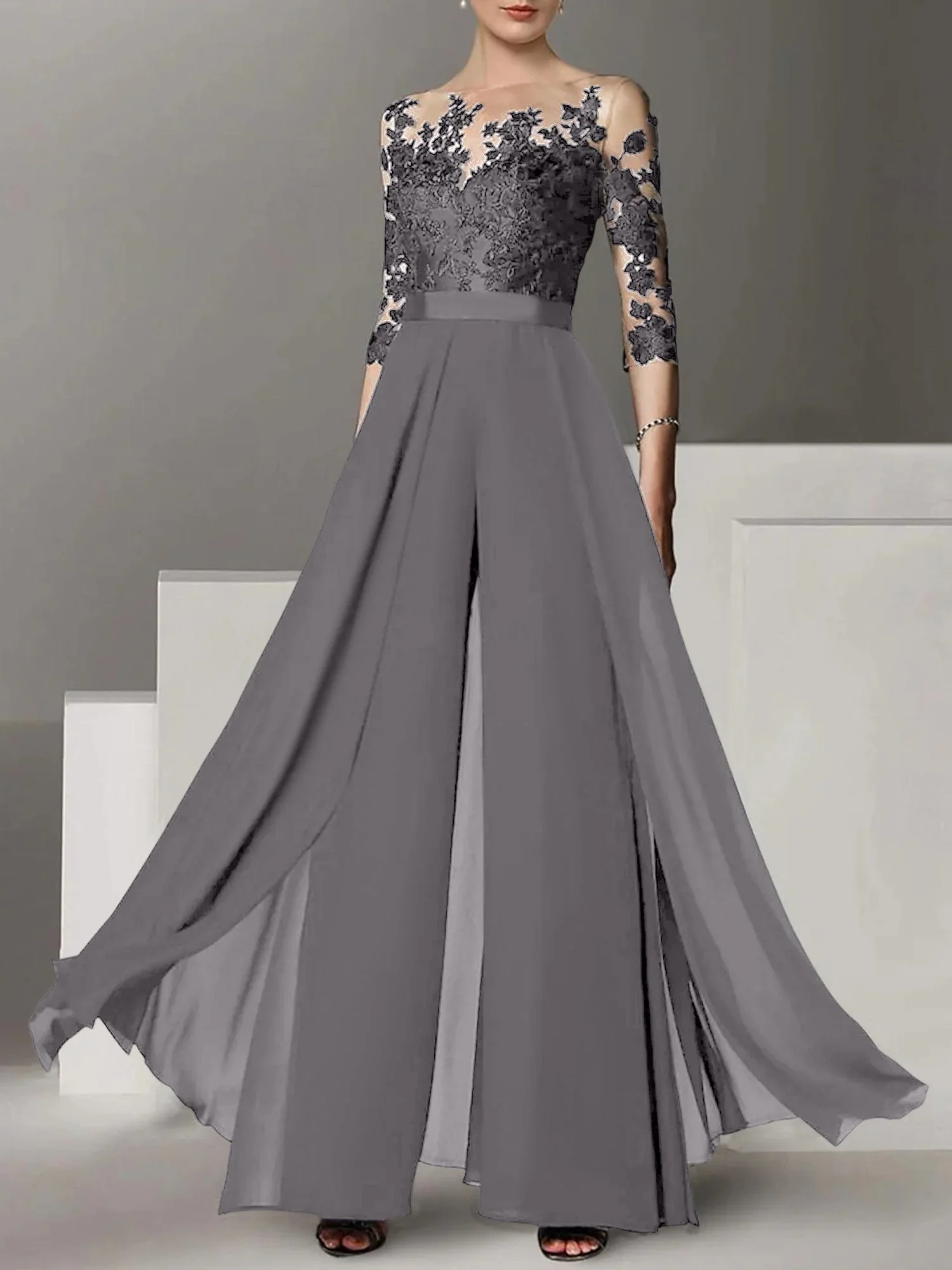 A-Line/Princess Jewel Neck 3/4 Length Sleeves Floor-Length Mother of the Bride Pantsuits with Applique - Image 55