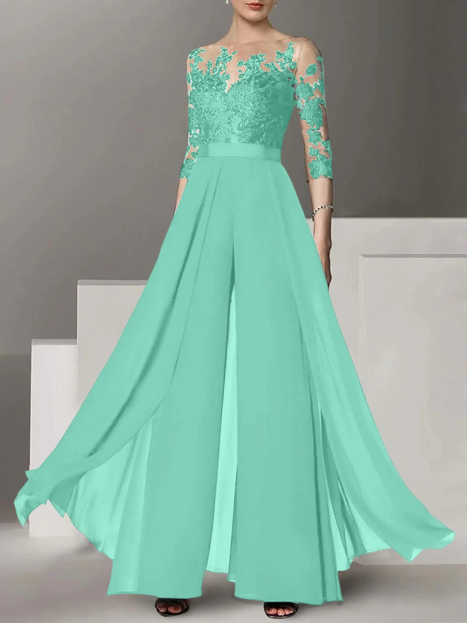 A-Line/Princess Jewel Neck 3/4 Length Sleeves Floor-Length Mother of the Bride Pantsuits with Applique - Image 56