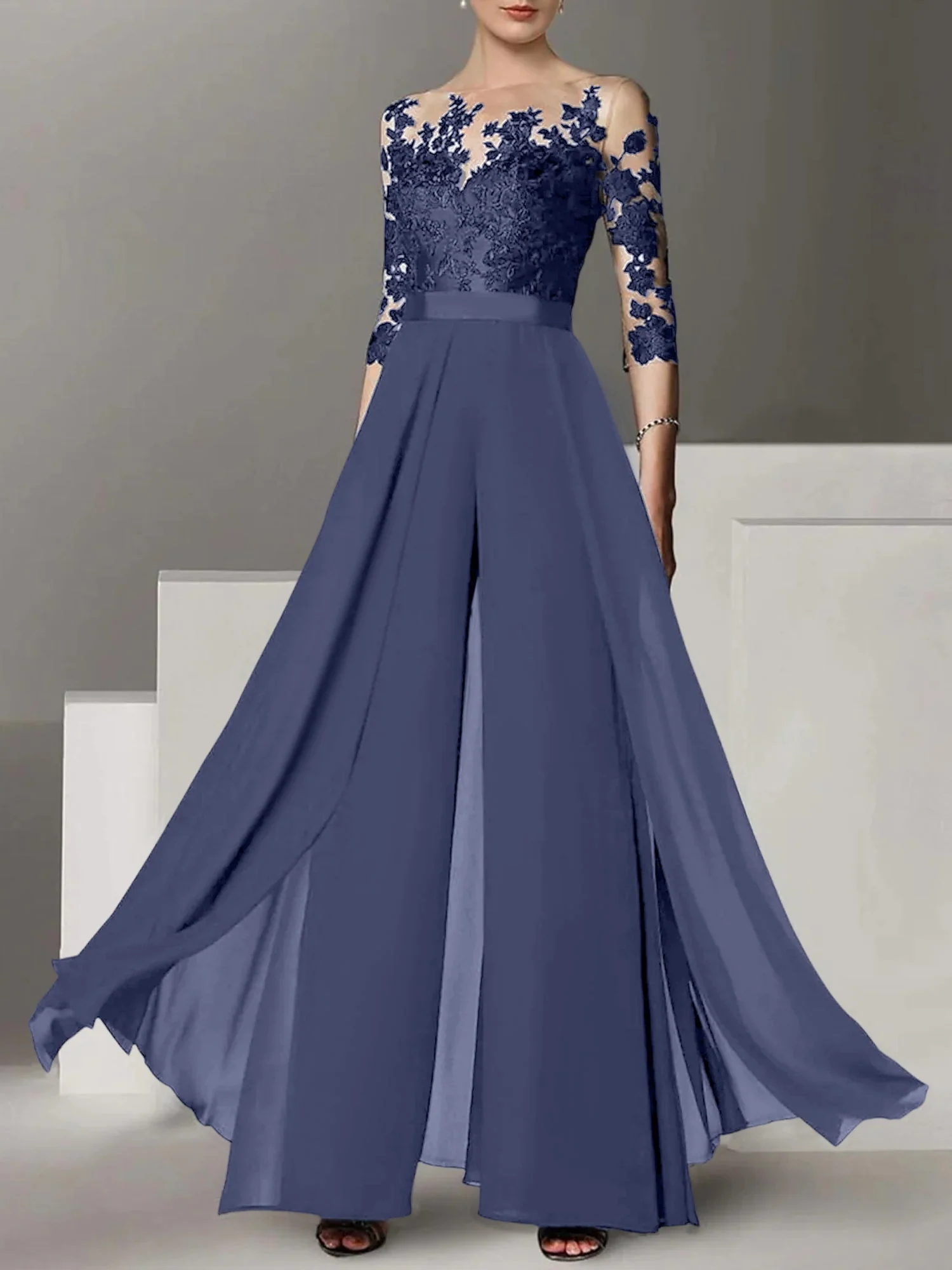 A-Line/Princess Jewel Neck 3/4 Length Sleeves Floor-Length Mother of the Bride Pantsuits with Applique - Image 57