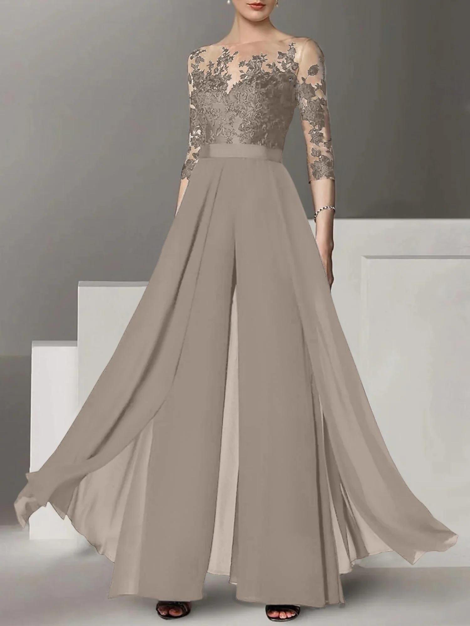 A-Line/Princess Jewel Neck 3/4 Length Sleeves Floor-Length Mother of the Bride Pantsuits with Applique - Image 58