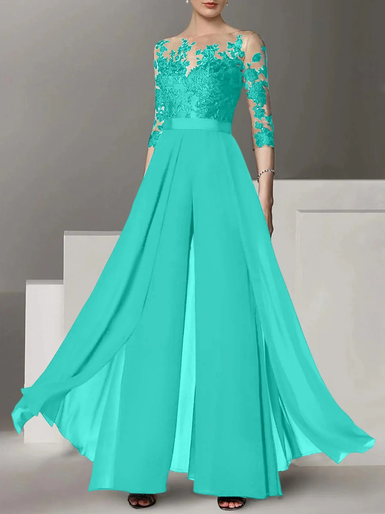 A-Line/Princess Jewel Neck 3/4 Length Sleeves Floor-Length Mother of the Bride Pantsuits with Applique - Image 59