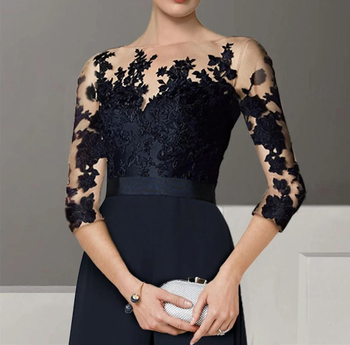 A-Line/Princess Jewel Neck 3/4 Length Sleeves Floor-Length Mother of the Bride Pantsuits with Applique - Image 6