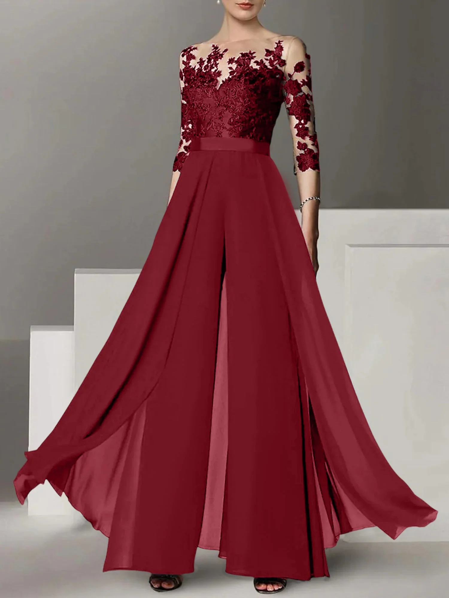 A-Line/Princess Jewel Neck 3/4 Length Sleeves Floor-Length Mother of the Bride Pantsuits with Applique - Image 60