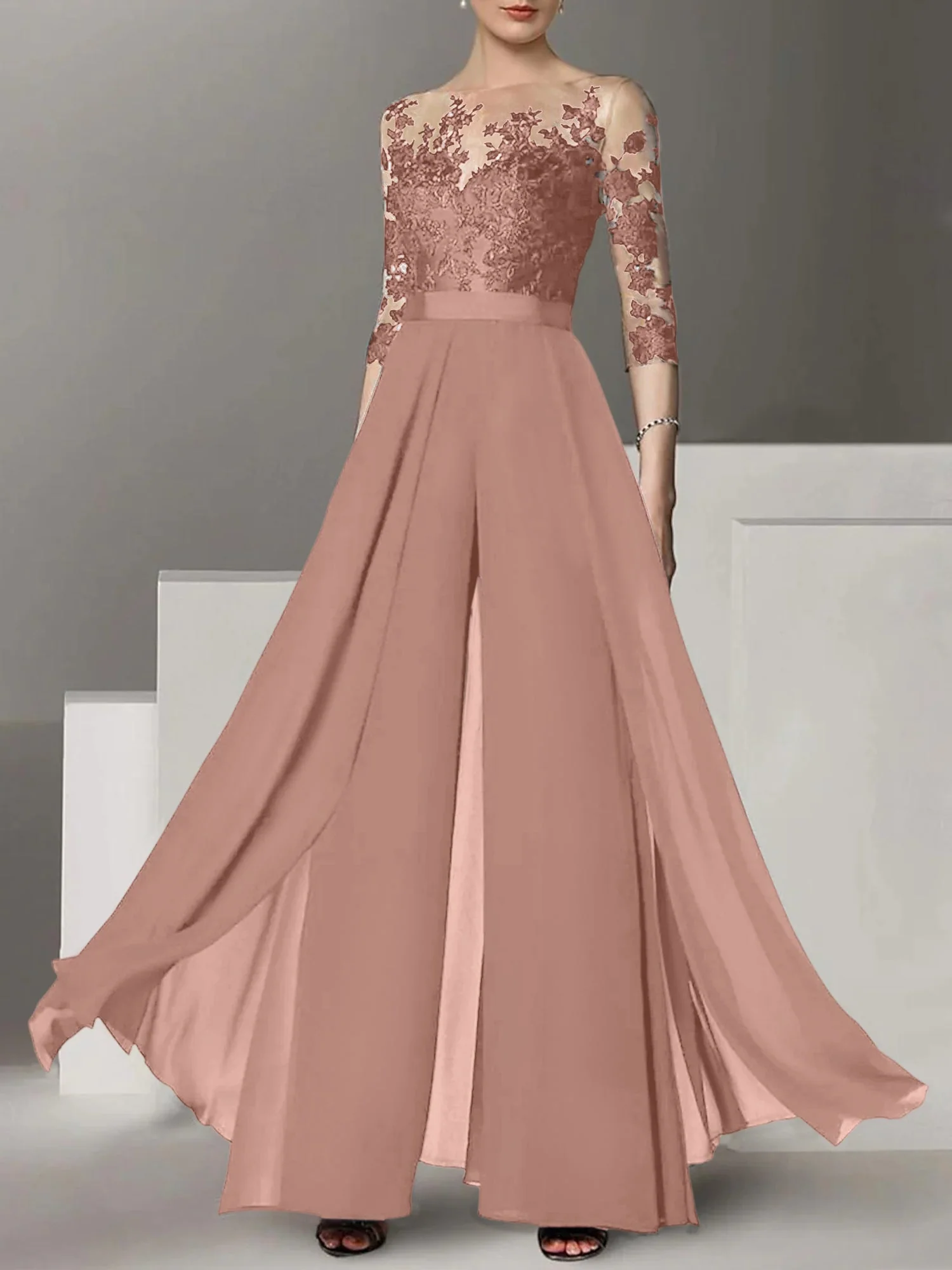 A-Line/Princess Jewel Neck 3/4 Length Sleeves Floor-Length Mother of the Bride Pantsuits with Applique - Image 61