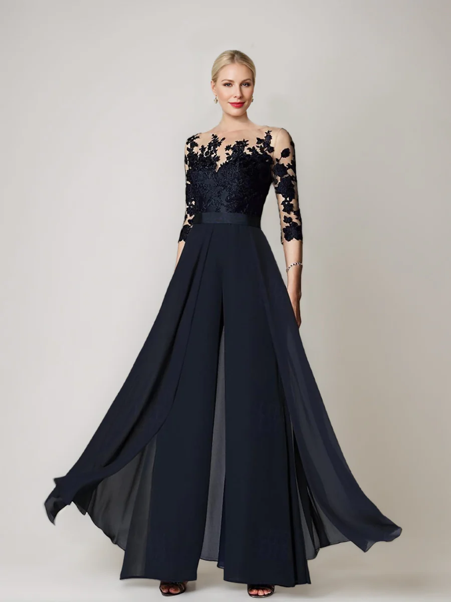 A-Line/Princess Jewel Neck 3/4 Length Sleeves Floor-Length Mother of the Bride Pantsuits with Applique - Image 7