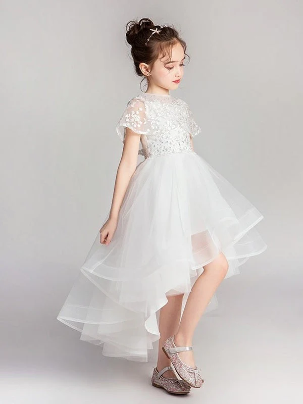 A-Line/Princess Jewel Neck Flutter Sleeves Asymmetrical Flower Girl Dresses with Lace Appliques - Image 3