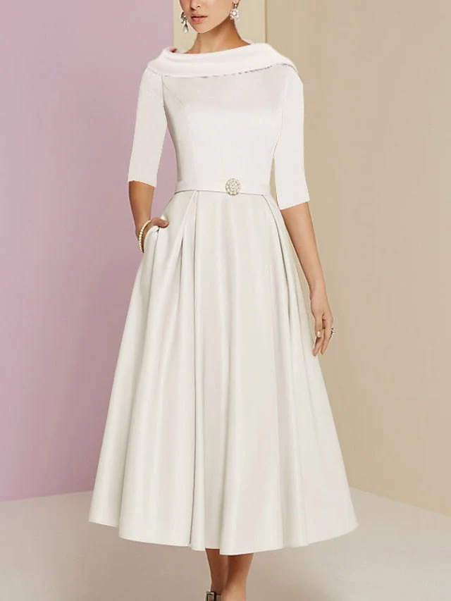A-Line/Princess Jewel Neck Half Sleeve Tea Length Mother of the Bride Dresses with Pockets Pleats - Image 7