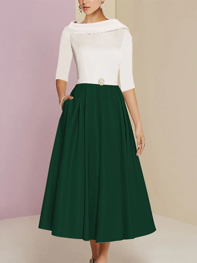 A-Line/Princess Jewel Neck Half Sleeve Tea Length Mother of the Bride Dresses with Pockets Pleats - Image 8