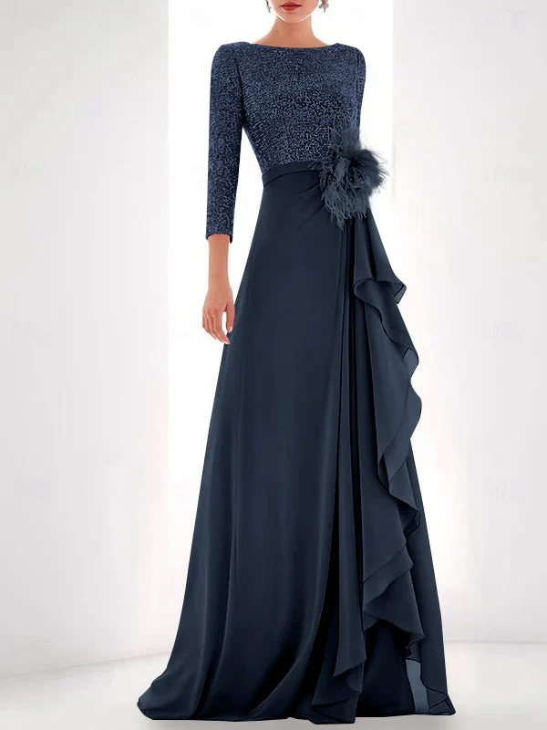 A-Line/Princess Jewel Neck Long Sleeves Asymmetrical Mother of the Bride Dresses With Sequin & Feather & Pearls - Image 20