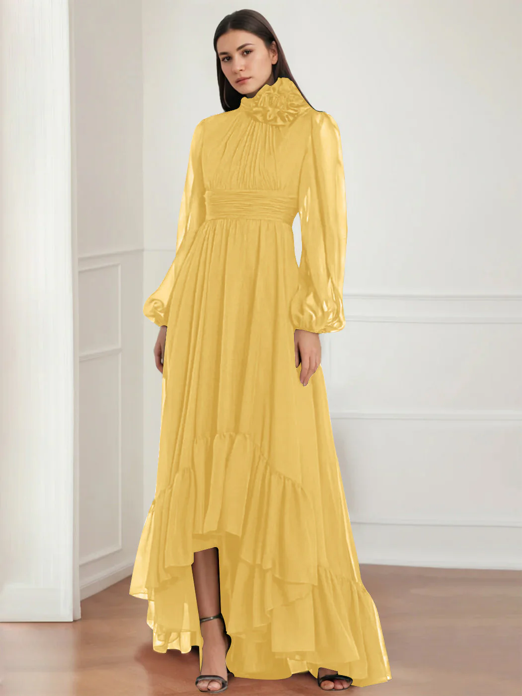 A-Line/Princess Jewel Neck Long Sleeves Asymmetrical Mother of the Bride Dresses with Flower & Ruffles - Image 21