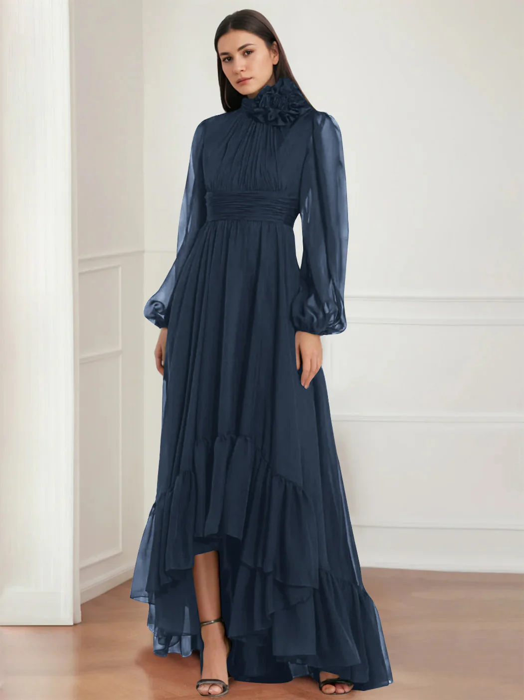 A-Line/Princess Jewel Neck Long Sleeves Asymmetrical Mother of the Bride Dresses with Flower & Ruffles - Image 32
