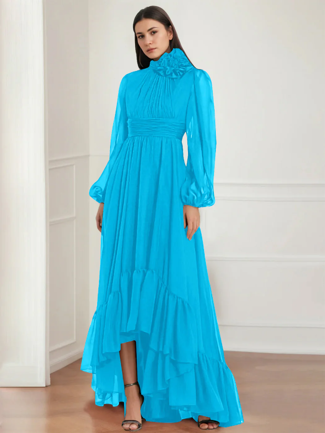 A-Line/Princess Jewel Neck Long Sleeves Asymmetrical Mother of the Bride Dresses with Flower & Ruffles - Image 33