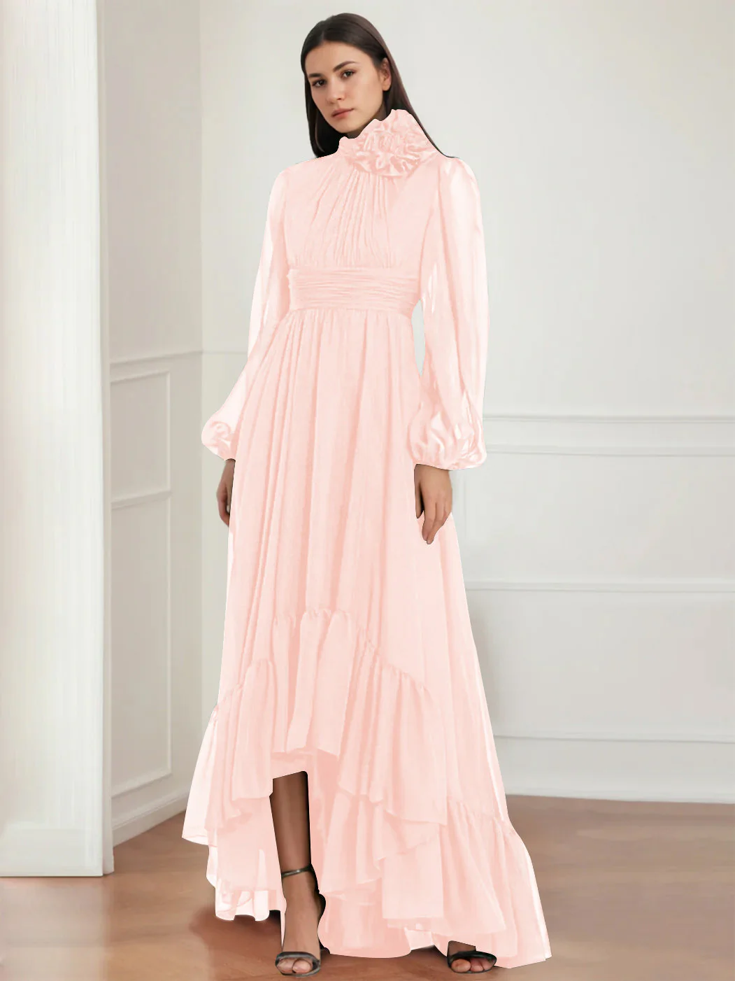 A-Line/Princess Jewel Neck Long Sleeves Asymmetrical Mother of the Bride Dresses with Flower & Ruffles - Image 38