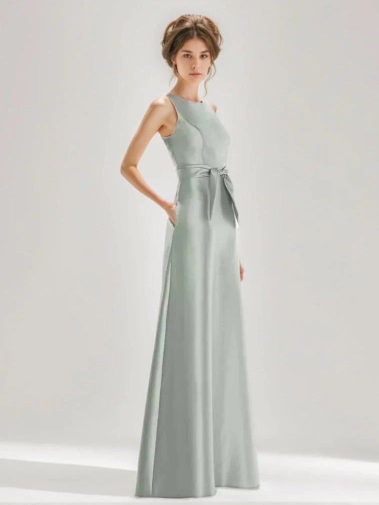 A-line/Princess Jewel Neck Sleeveless Floor-Length Wedding Guest Dress with Bow Sash & Pockets - Image 3