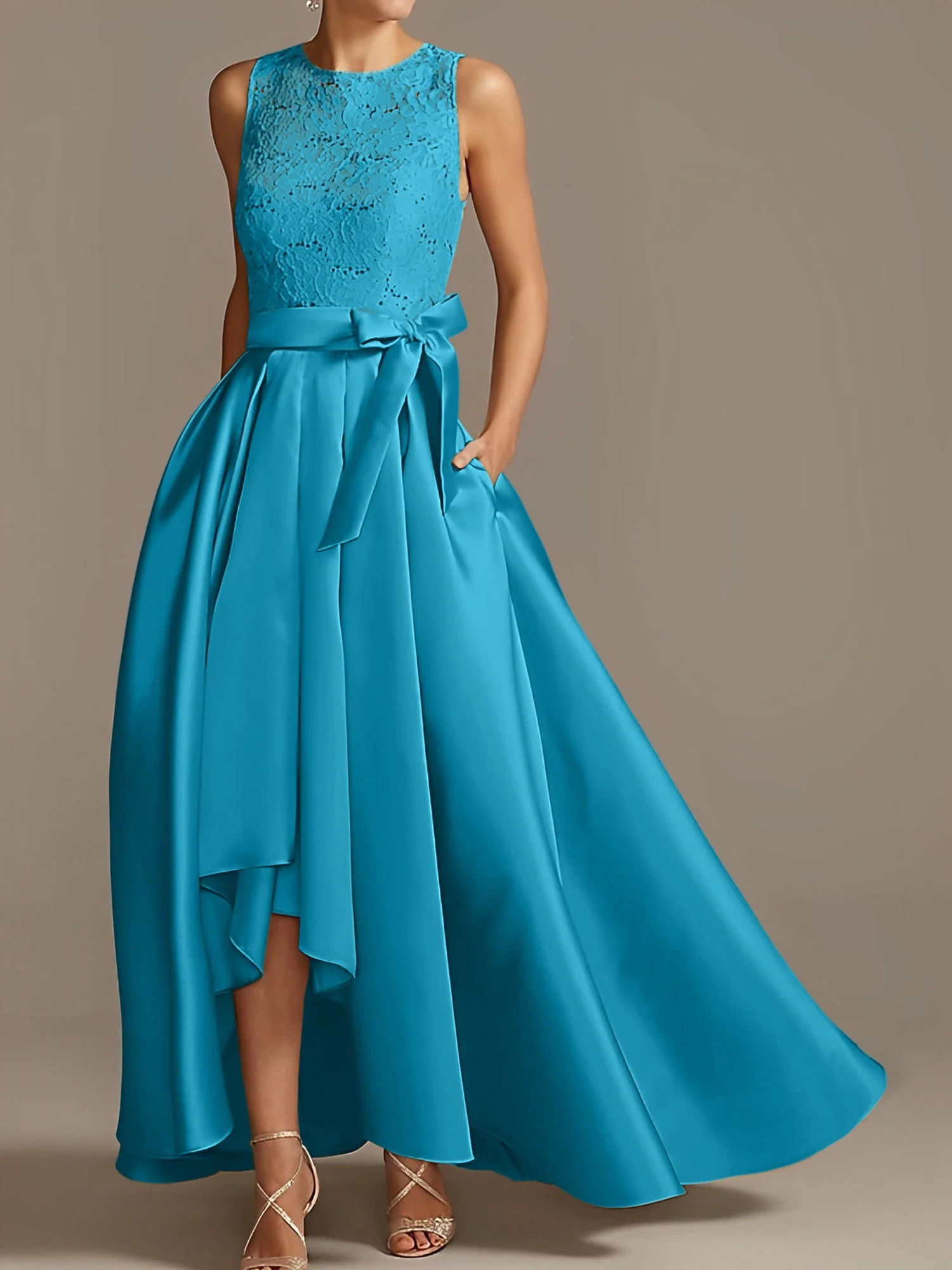 A-Line/Princess Jewel Neck Sleeveless Asymmetrical Mother Of The Bride Dresses With Pleats - Image 45