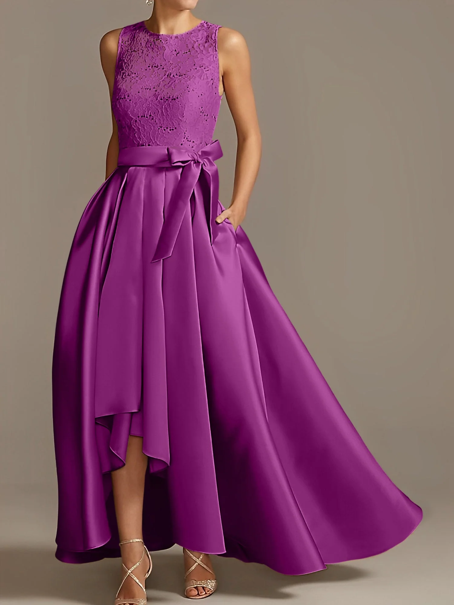 A-Line/Princess Jewel Neck Sleeveless Asymmetrical Mother Of The Bride Dresses With Pleats - Image 48