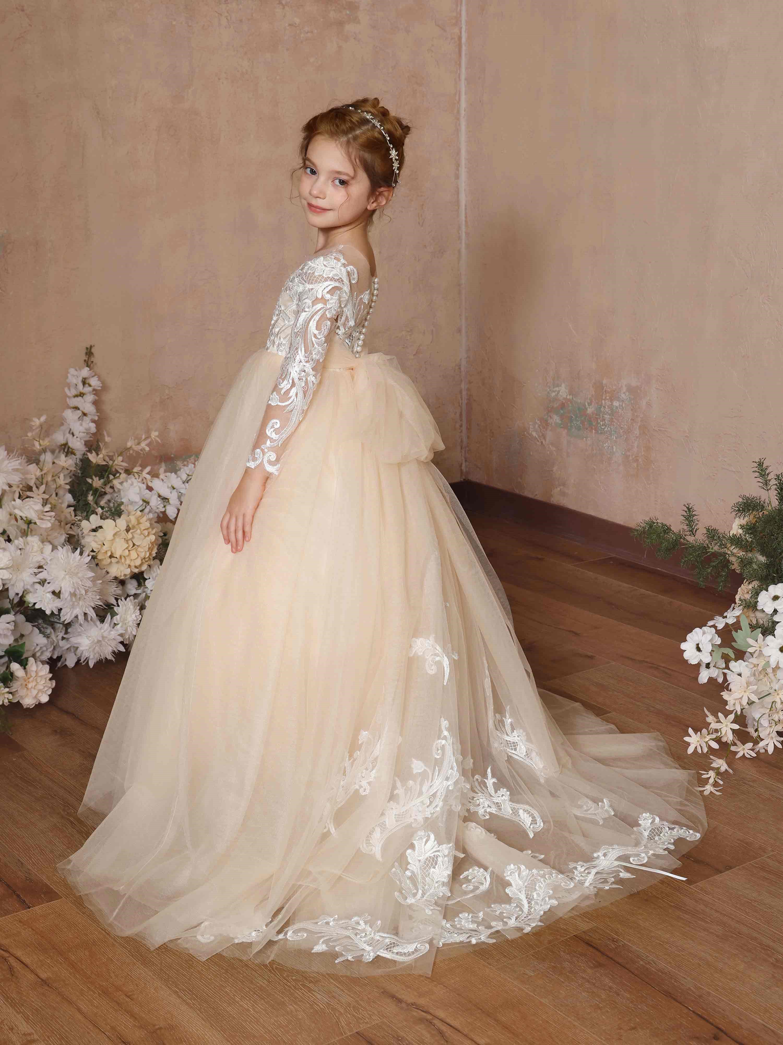 Ball-Gown Lace Long Sleeves Cap Straps Floor-Length Flower Girl Dresses - Image 5