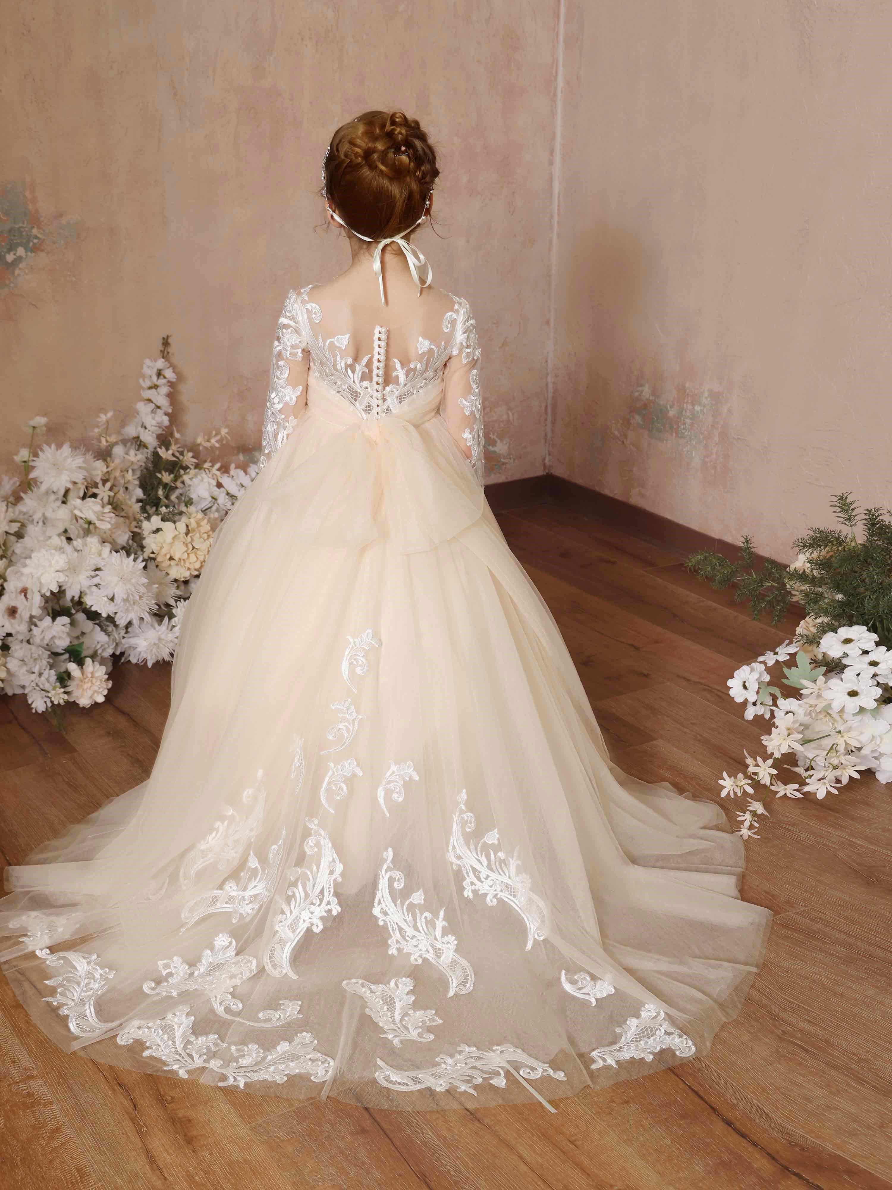 Ball-Gown Lace Long Sleeves Cap Straps Floor-Length Flower Girl Dresses - Image 8