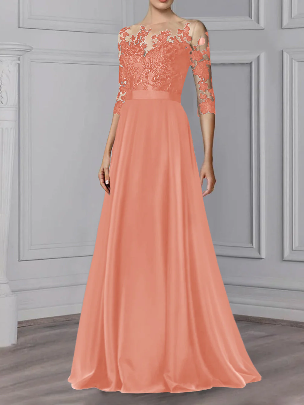 A-Line/Princess Jewel Neck 3/4 Length Sleeves Floor-Length Mother of the Bride Dresses - Image 48