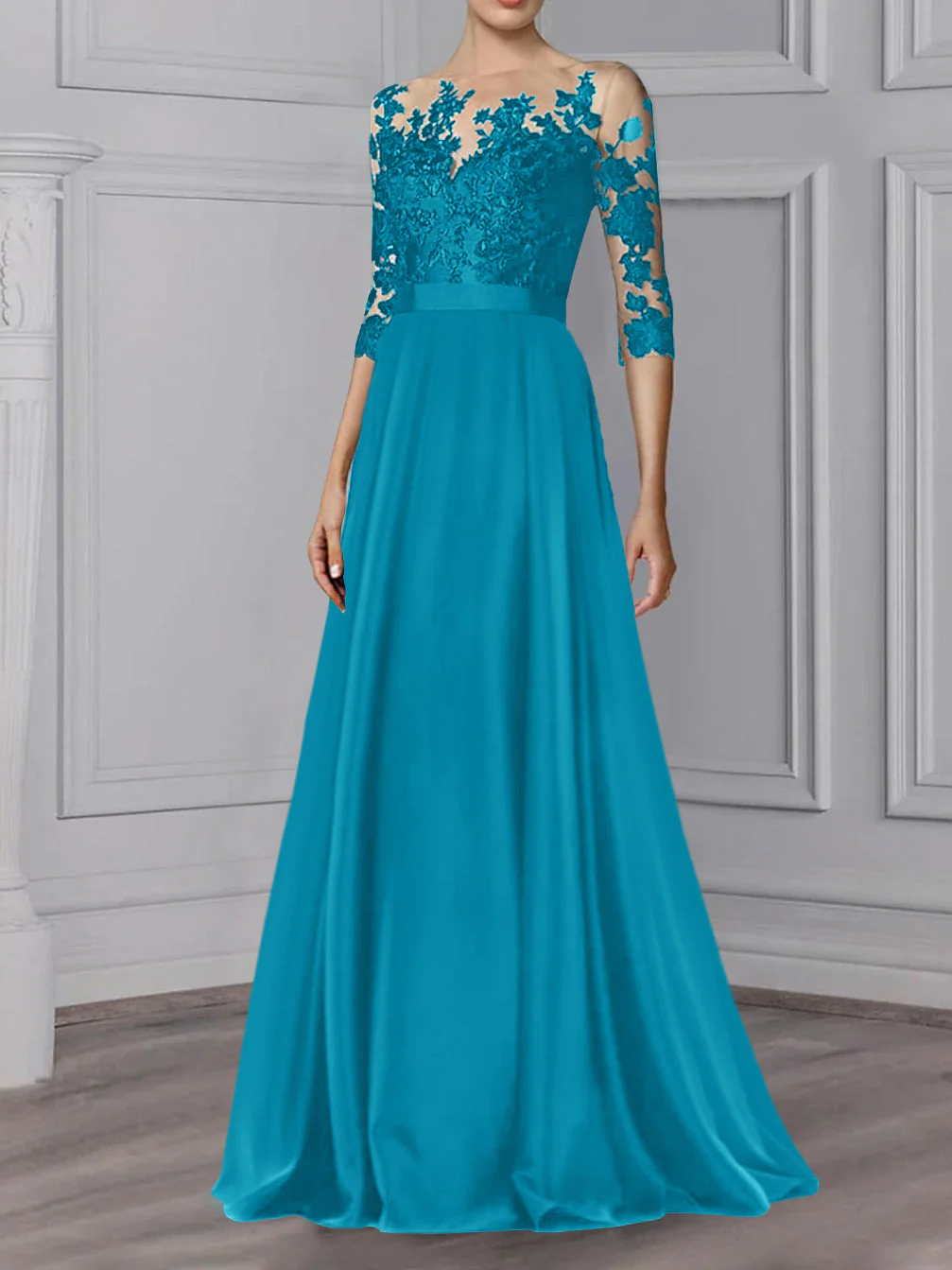 A-Line/Princess Jewel Neck 3/4 Length Sleeves Floor-Length Mother of the Bride Dresses - Image 55