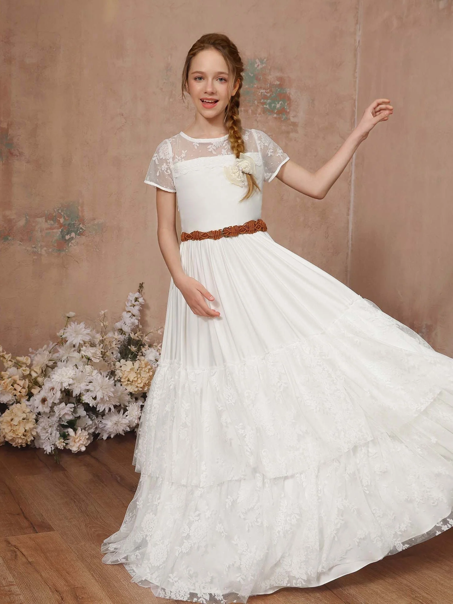 A-Line/Princess Lace Short Sleeves Scoop Neck Floor-Length Flower Girl Dresses - Image 4