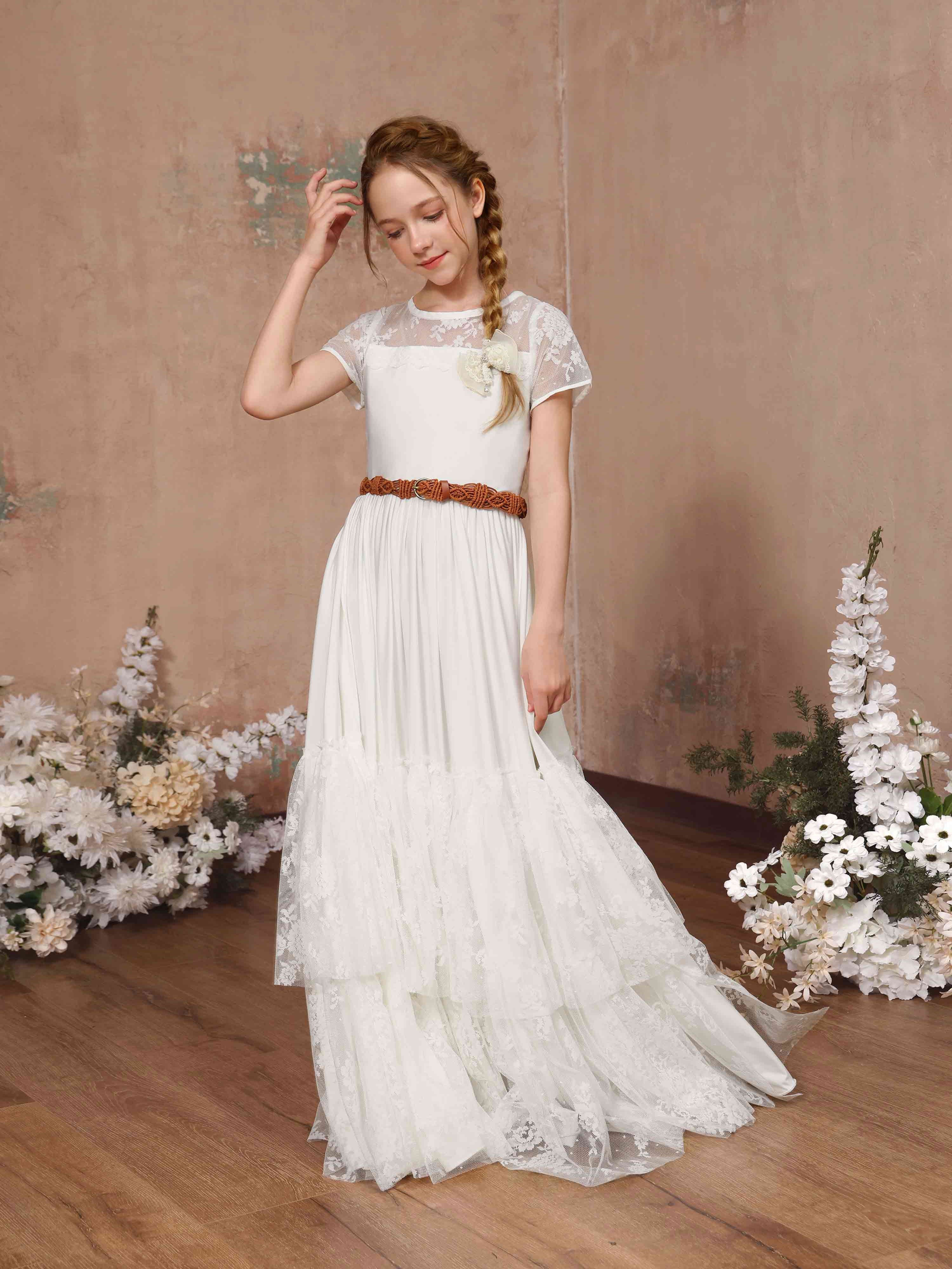 A-Line/Princess Lace Short Sleeves Scoop Neck Floor-Length Flower Girl Dresses - Image 5