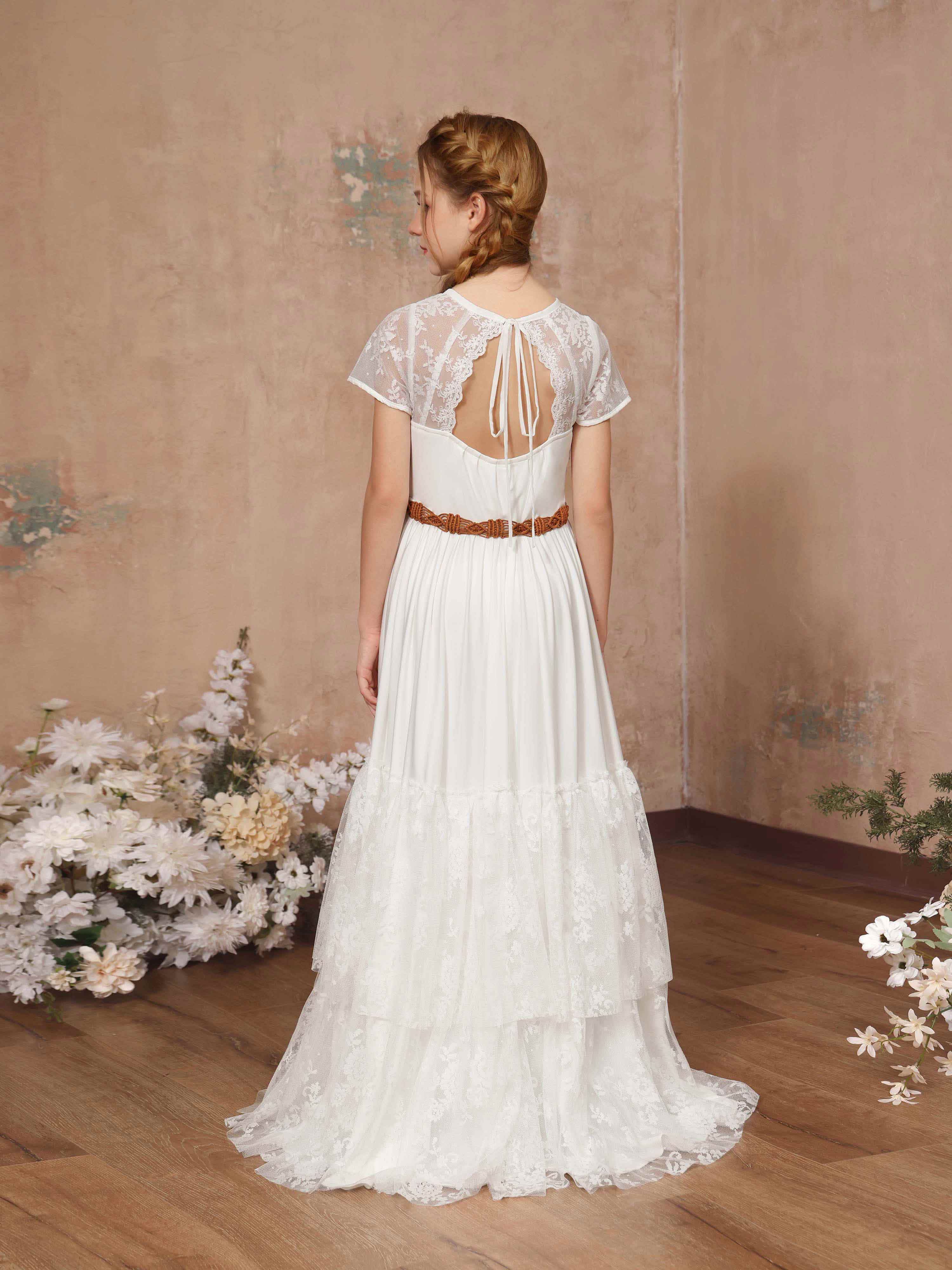 A-Line/Princess Lace Short Sleeves Scoop Neck Floor-Length Flower Girl Dresses - Image 7