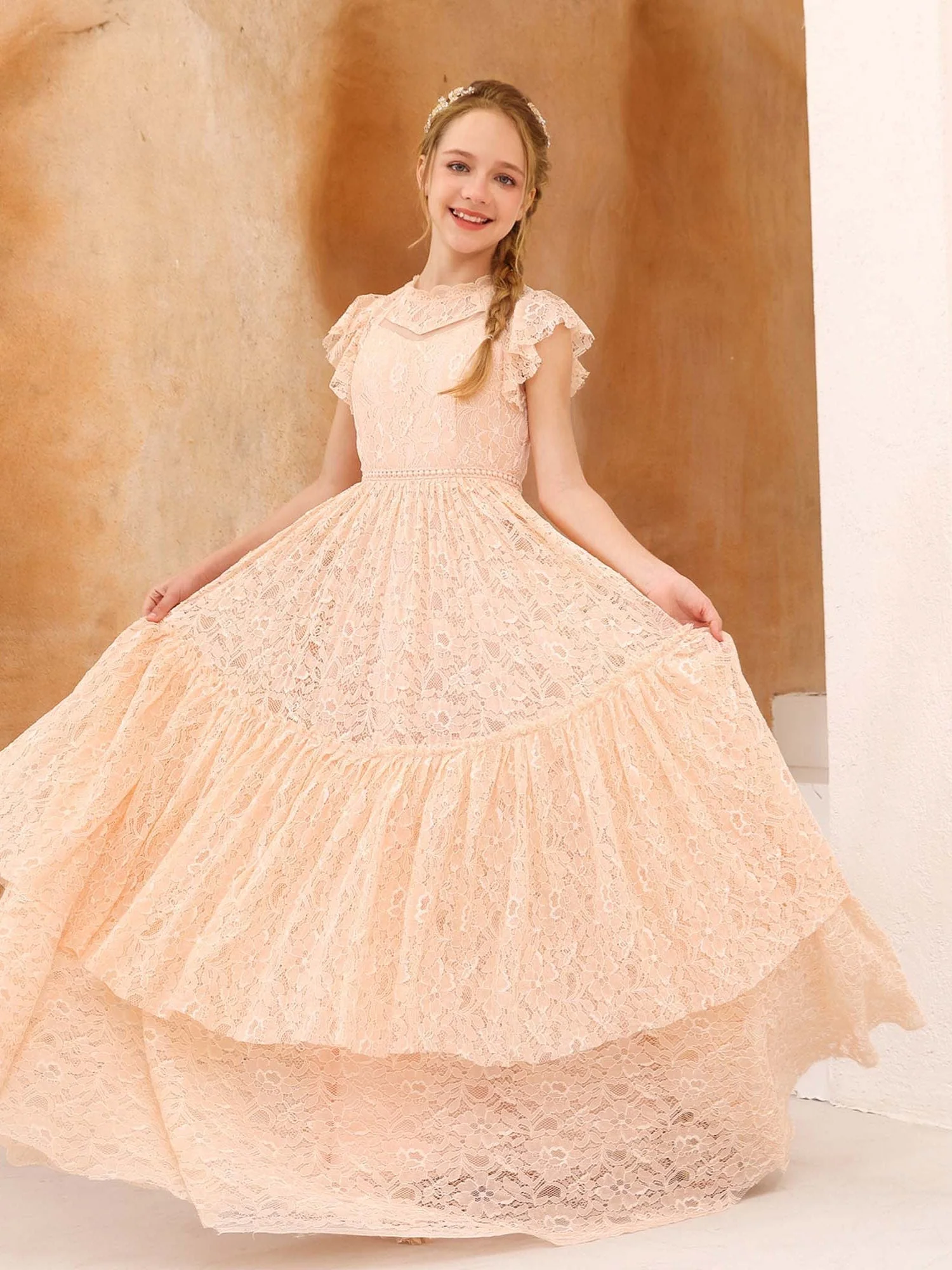 A-Line/Princess Lace Short Sleeves Scoop Neck Floor-Length Flower Girl Dresses - Image 6