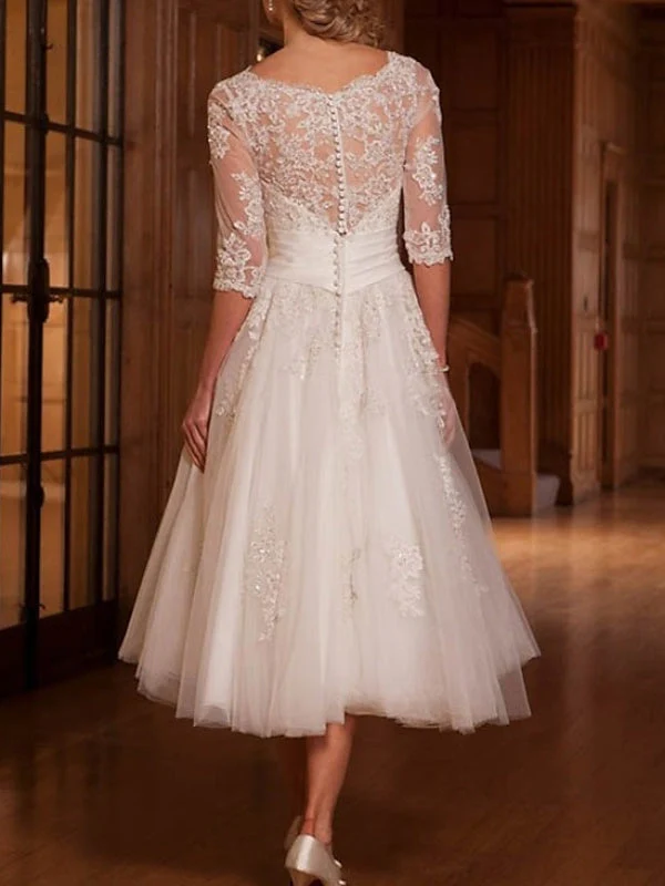 A-Line/Princess Lace Tulle Illusion Neck 3/4 Length Sleeve Tea Length Appliques Wedding Dress - Image 2