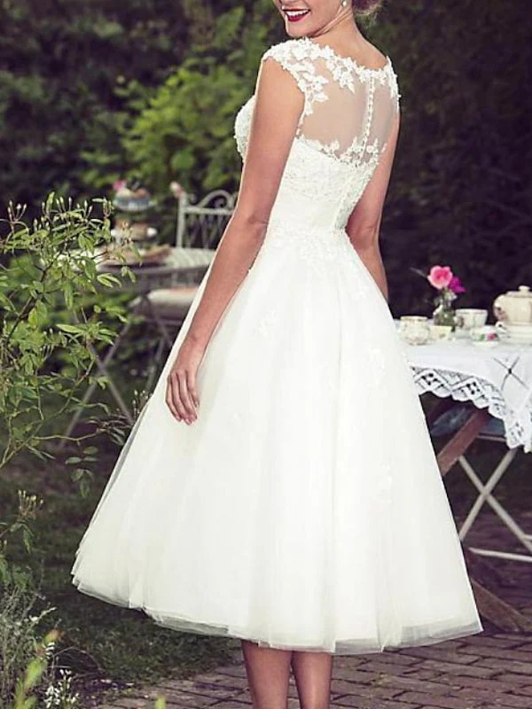 A-Line/Princess Lace Tulle Illusion Neck Sleeveless Tea Length Appliques Wedding Dress - Image 2