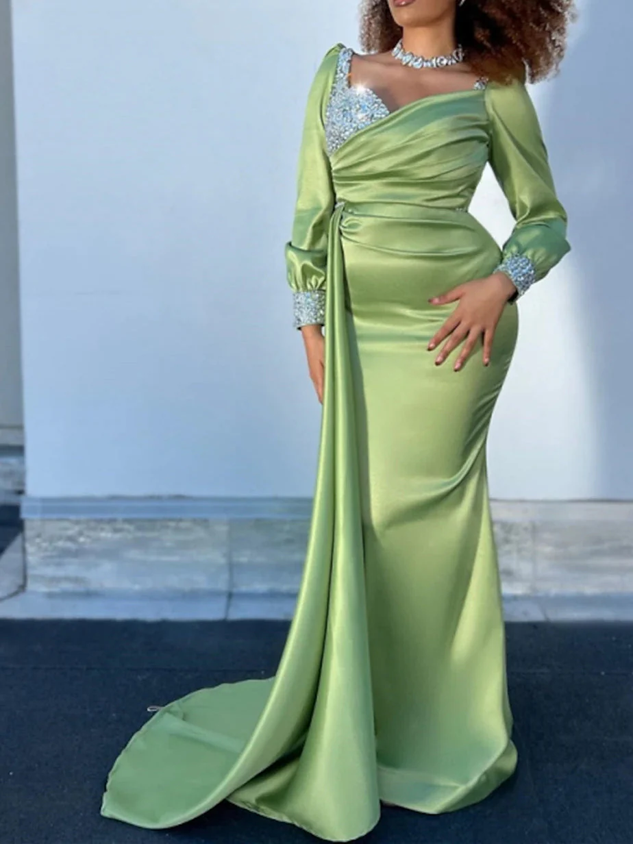 A-Line/Princess Long Sleeves Court Train Evening Dresses with Glitter Ruched - Image 2