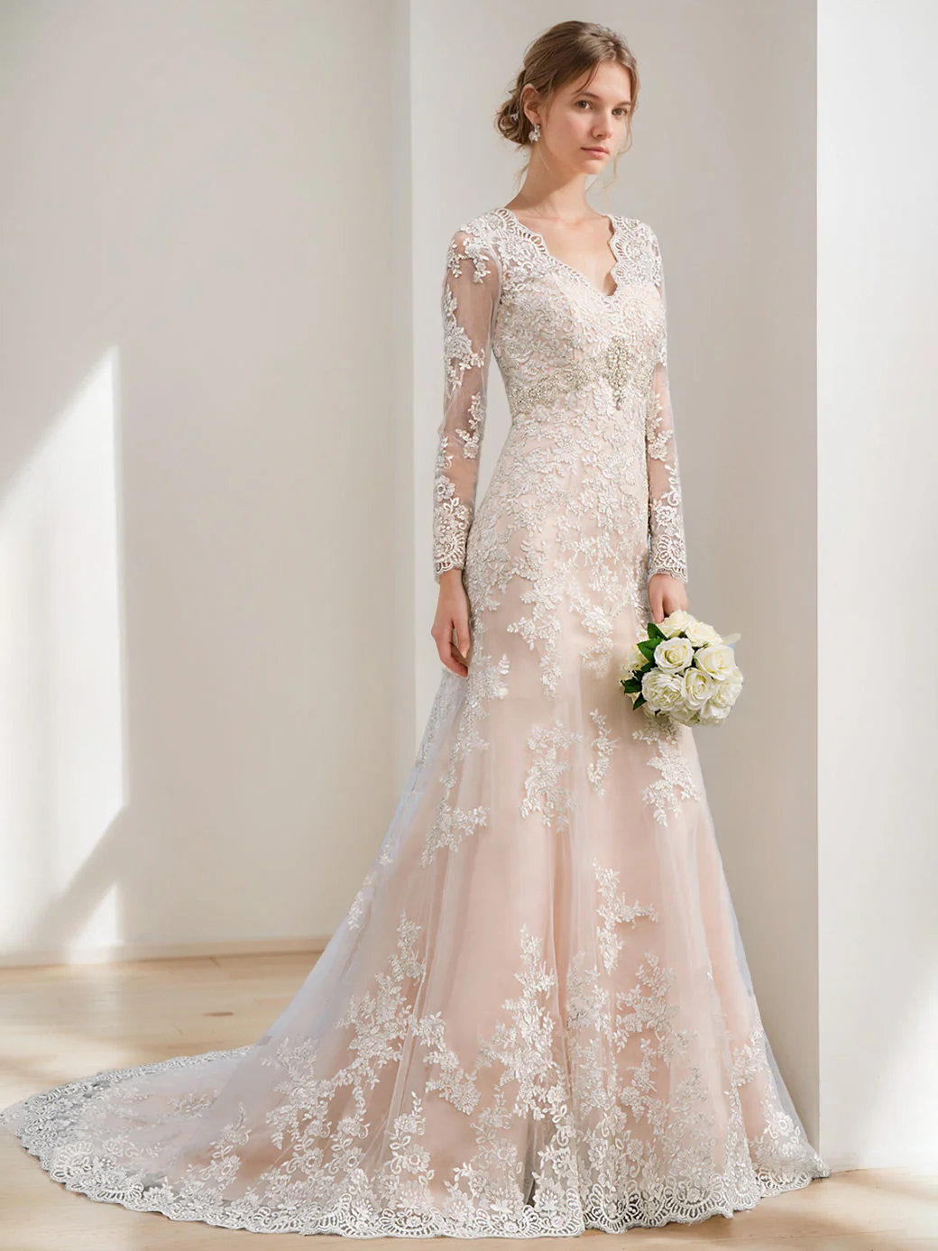A-Line/Princess Long Sleeves Floor Length Wedding Dress with Appliques - Image 3